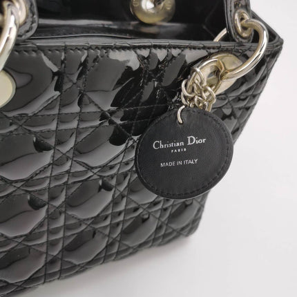 Lady Dior Medium Black Patent Leather Handbag with Silver Hardware