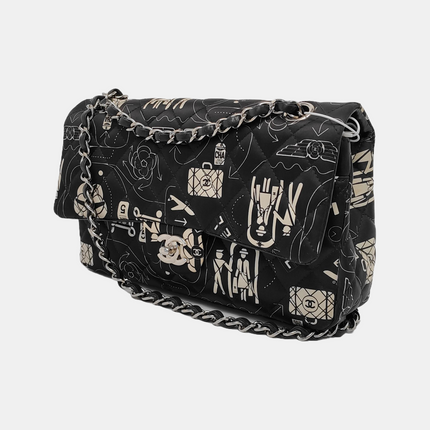 Chanel Satin Airline Printed Medium Double Flap Bag Black and White
