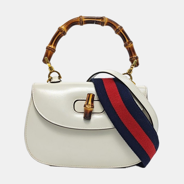 Gucci Bamboo 1947 Top Handle Bag Small White Box Leather Canvas Strap