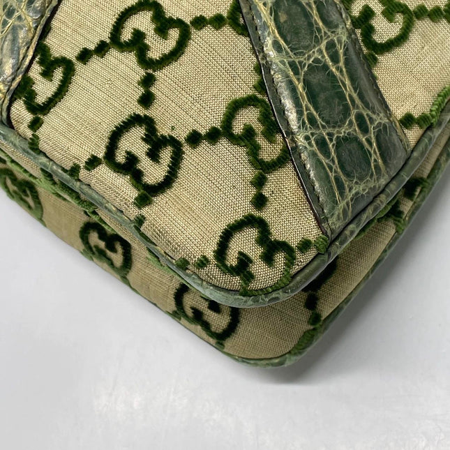 Gucci Jeweled Dragon Bag Green Crocodile and GG Velvet Bamboo Chain Strap Shoulder Bag