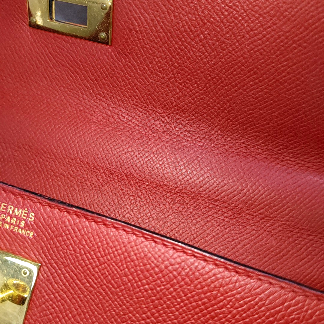 Hermes Kelly 32 Sellier Red Epsom Leather Gold HW Circle S Stamp 1989