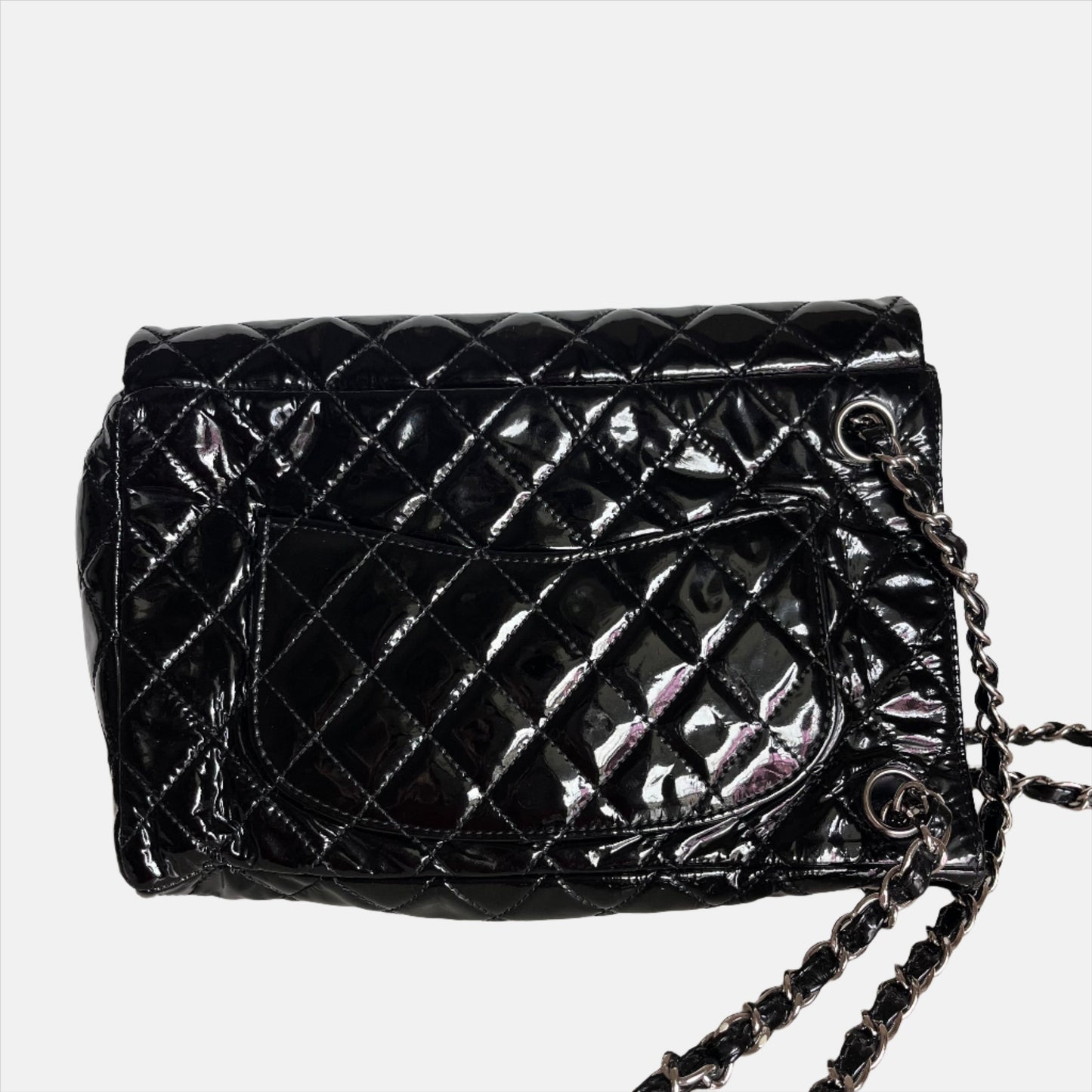 Chanel Upside Down Flap Bag Black Diamond Quilted Patent Leather Silver Hardware