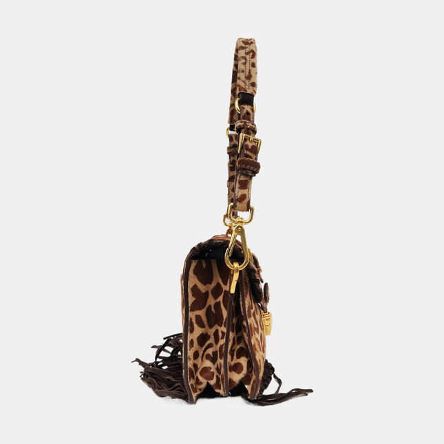 Prada Messenger Leopard Print Pony-style Calfskin Fringe Trimmed Shoulder Bag
