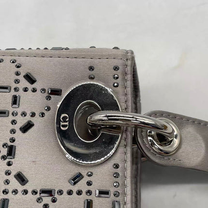 Lady Dior Mini Grey Silk with Crystals Silver Hardware