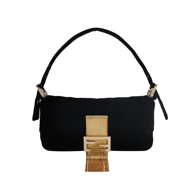 Fendi Baguette Vintage Rare Black Velvet with Gold Metal Tassles-Luxbags