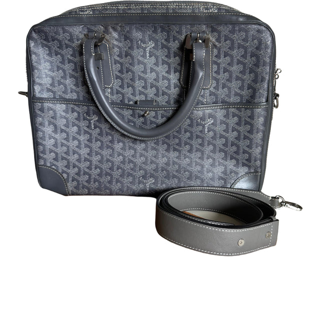 Goyard Ambassade Document Case Small 35cm Handbag Grey Canvas Leather Silver Hardware