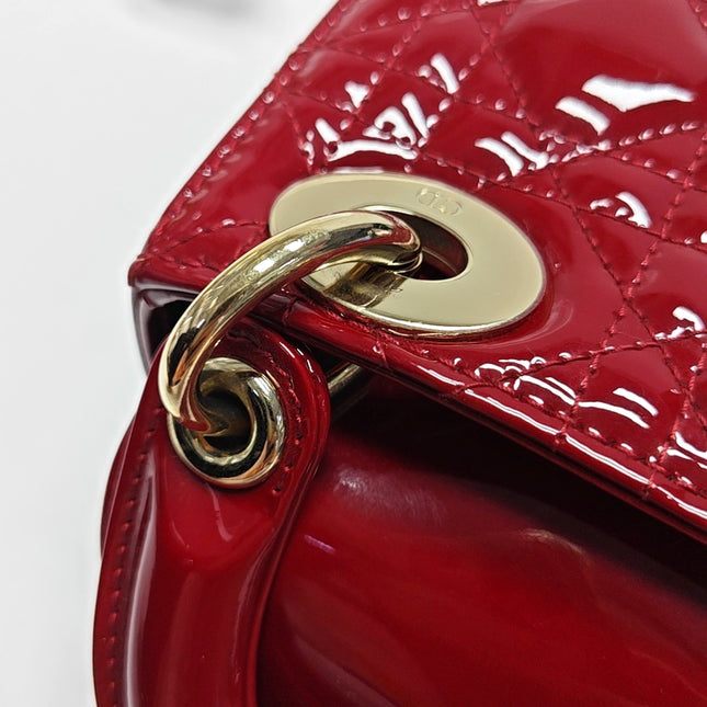 Lady Dior Mini 2021 Red Burgundy Patent Leather Gold Hardware Suede Interior Chain Strap