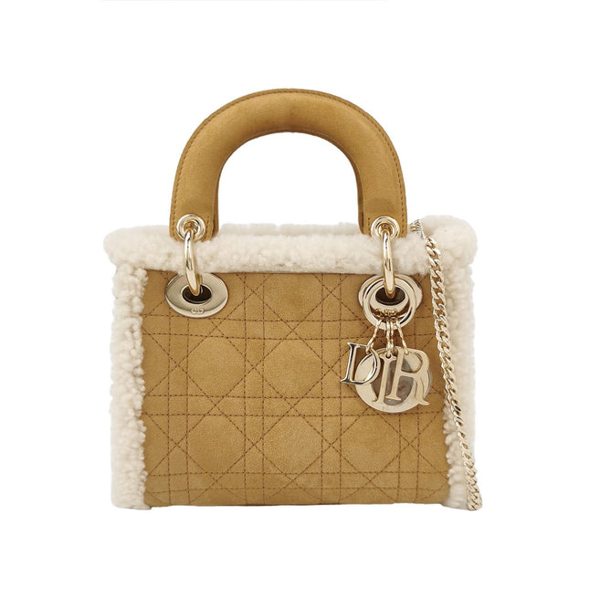 Lady Dior Mini Handbag Brown Leather Shearling Gold Hardware-Luxbags