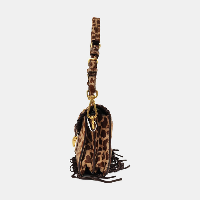 Prada Messenger Leopard Print Pony-style Calfskin Fringe Trimmed Shoulder Bag