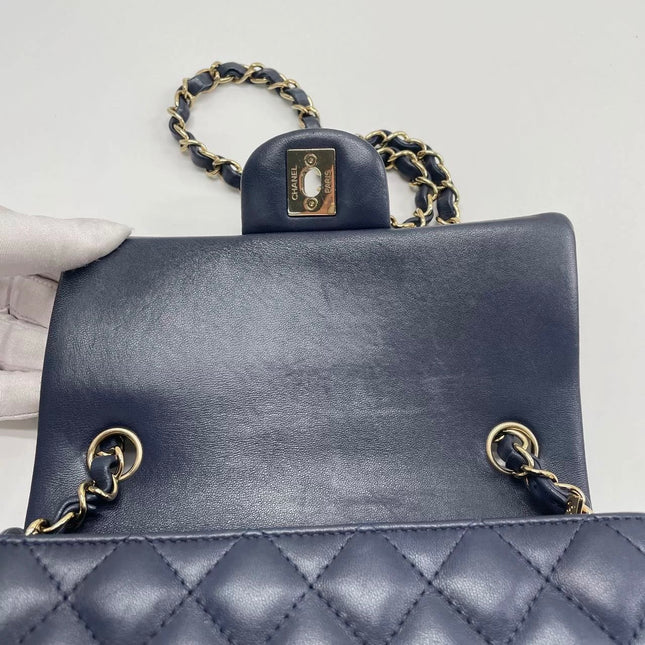 Chanel Classic Flap Mini Rectangular Navy Lambskin Leather Gold Hardware Microchip