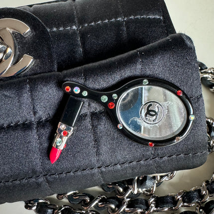 Chanel Extra Mini Flap Bag Black Satin Choco Bar Lipstick Mirror Crossbody, 2005