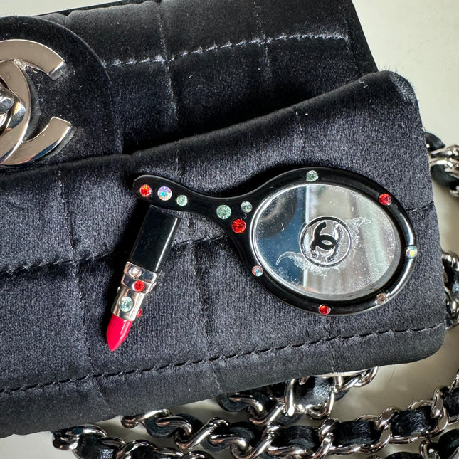 Chanel Extra Mini Flap Bag Black Satin Choco Bar Lipstick Mirror Crossbody, 2005