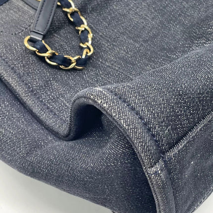 Chanel Deauville Tote Navy Denim Cloth Leather Chain Strap Small 34cm