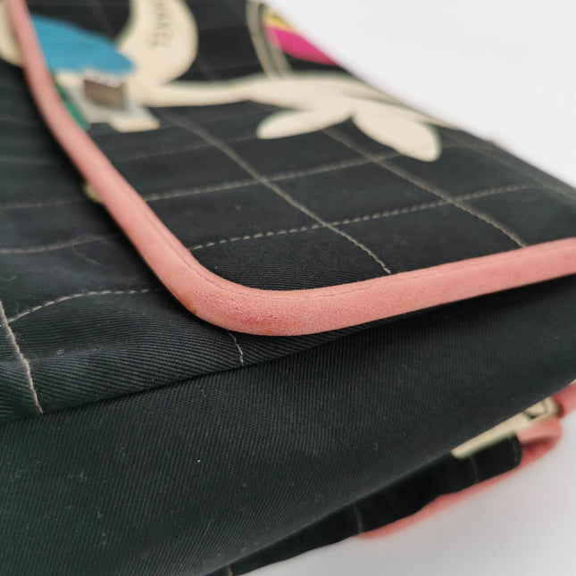 Chanel 2.55 Flap Bag Vintage Chocolate Bar Multipocket 2000 Large Black Fabric with Bird Print