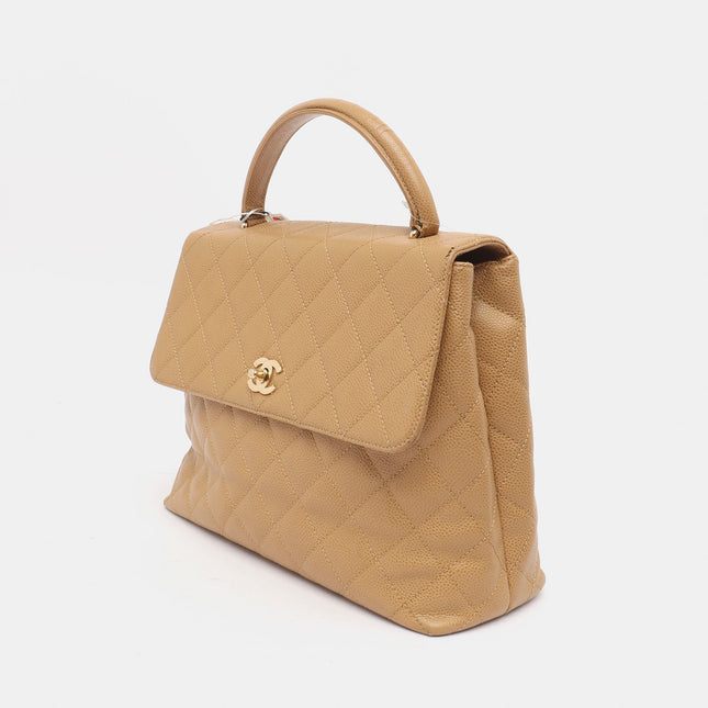 Chanel Vintage Top Handle Kelly Beige Flap Bag Caviar Leather 24k Gold Plated Hardware, 2000