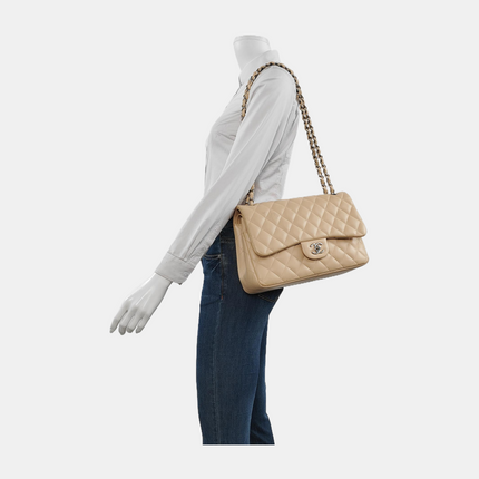 Chanel Classic Flap Jumbo Beige Lambskin Leather Single Flap with Silver Hardware
