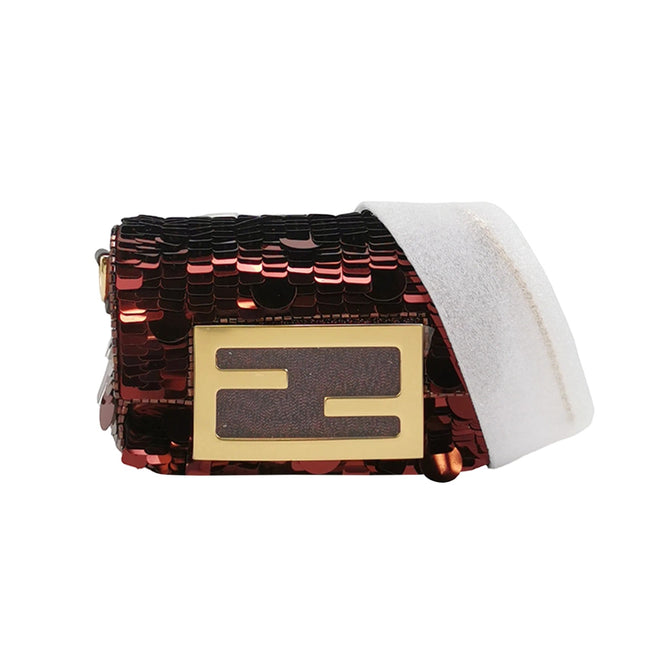 Fendi Nano Baguette Charm Red Sequins Satin Interior Chain Strap-Luxbags