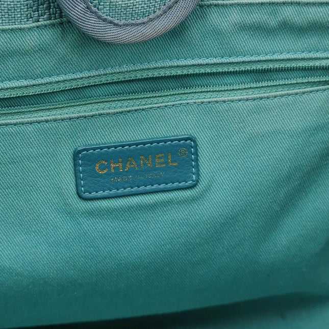 Chanel Deauville Tote Light Blue Turquoise Stripes Cloth Leather Chain Handle Small 34cm