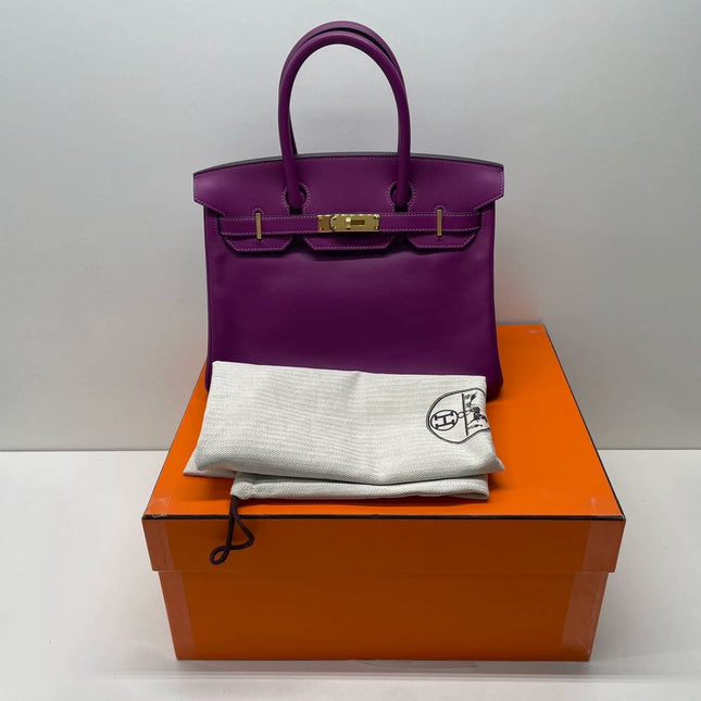 Hermes Birkin 30 HSS Special Order Anemone Purple Swift Leather Mango Yellow Interior GHW, 2017
