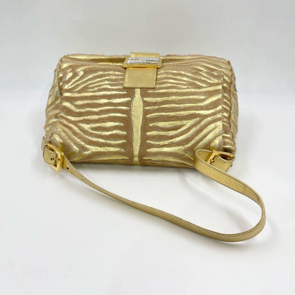 Fendi Mamma Baguette Gold Lambskin Leather Pony-style Zebra Stripes