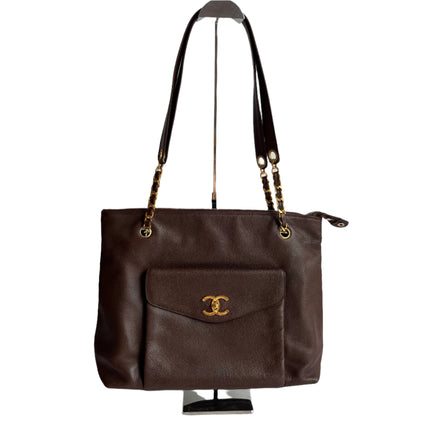 Chanel Vintage Front Pocket Tote Chocolate Brown Caviar Leather Double Gold Leather Chain