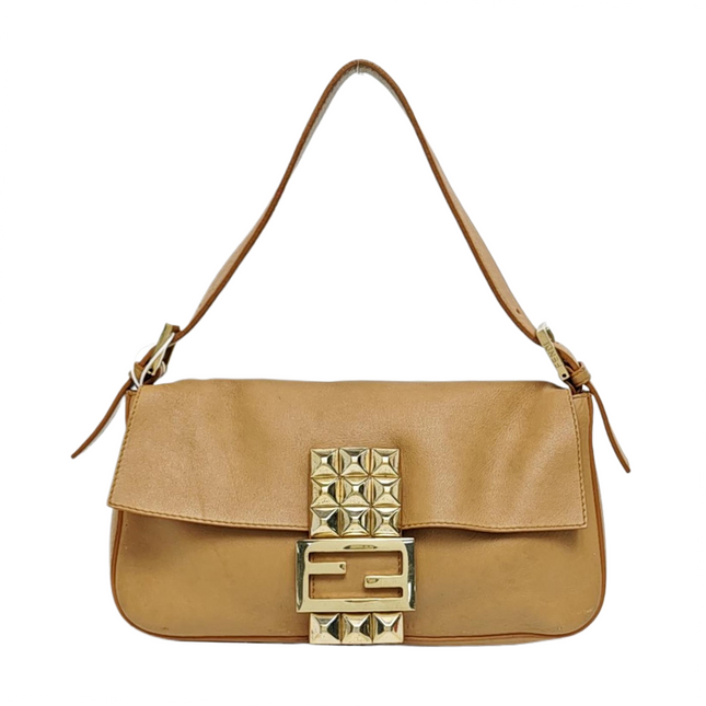 Fendi Baguette Beige Leather with Gold Studded Metal Buckle