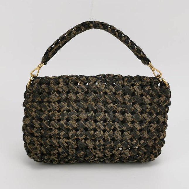 Fendi Baguette Mini Canvas Crochet Zucca Dark Green and Gold Hardware