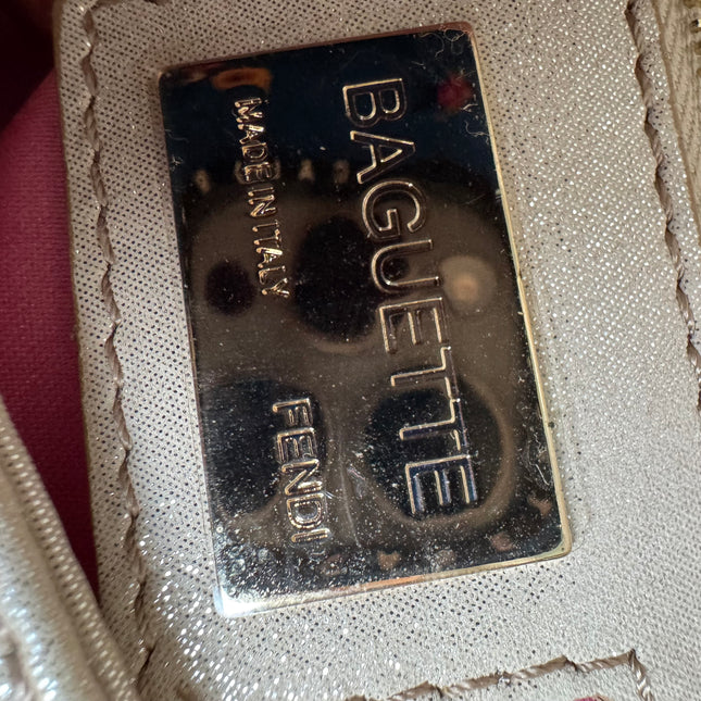 FENDI Baguette 1997 White Pearlescent Fabric Crystal Buckle Shoulder Bag