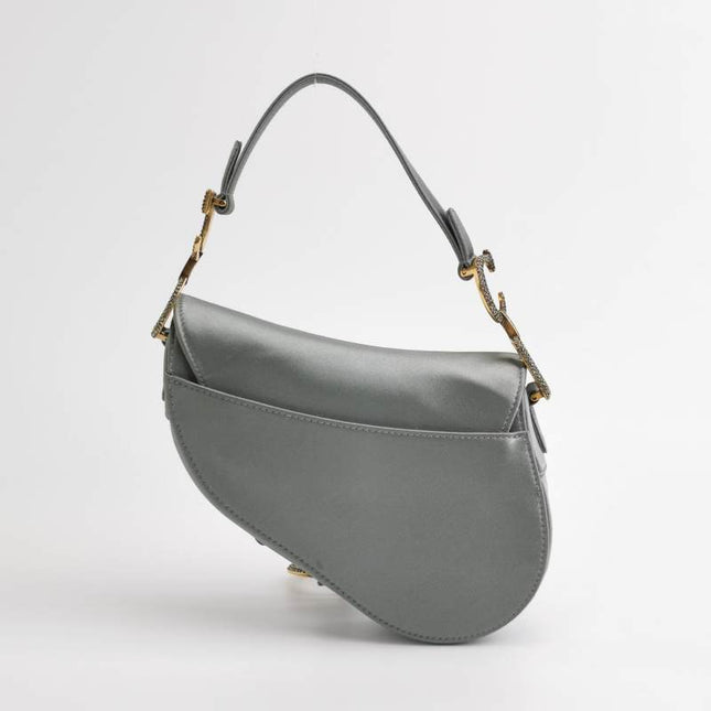 Sold Dior Saddle Mini Silk Blue Grey with Crystal Embedded Buckles