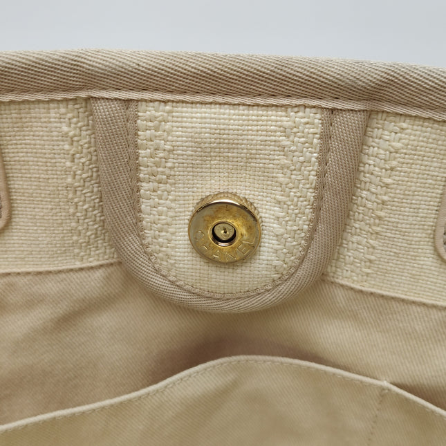 Chanel Deauville Tote Light Beige Stripes Cloth Leather Chain Handle Small 34cm