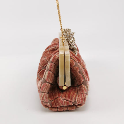 Gucci Crocodile-Pattern Pink Velvet Jacquard Medium Handbag Crystal Ribbon Chain Strap