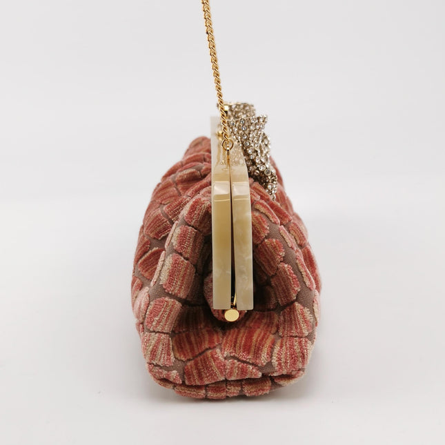 Gucci Crocodile-Pattern Pink Velvet Jacquard Medium Handbag Crystal Ribbon Chain Strap