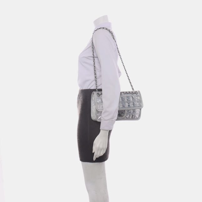 Chanel Ice Cube Chocolate Bar Classic Flap Metallic Silver PVC with Leather