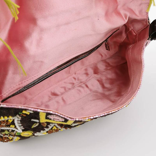 Fendi Baguette Vintage Brown Canvas with embroidery sequins mirrors and tassels