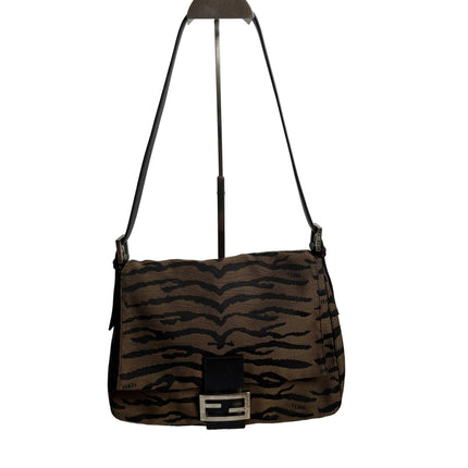 Fendi Mamma Baguette Brown Zebra Print Canvas Shoulder Bag-Luxbags