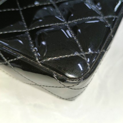 Chanel Baguette Flap Shoulder Bag Black Patent Leather Silver Double Chain