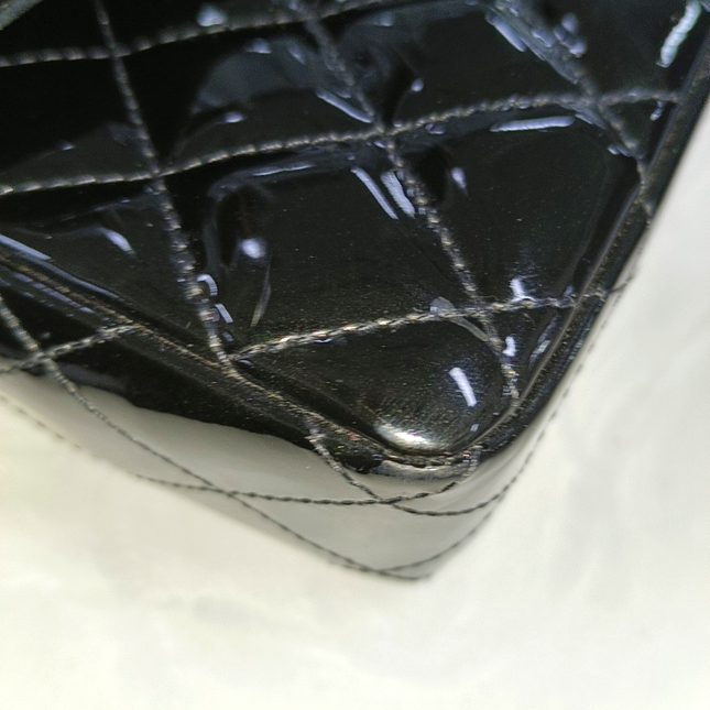 Chanel Baguette Flap Shoulder Bag Black Patent Leather Silver Double Chain