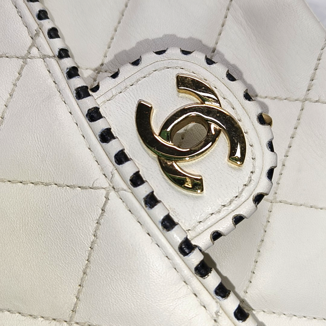 Chanel Classic Flap Medium Happy Stitch White Leather with Contrast Black Trim, 2003-04