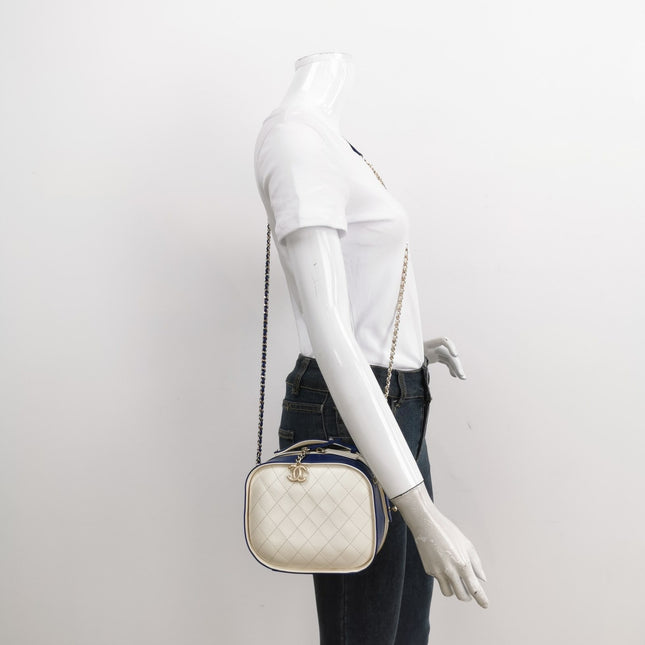 Sold Chanel White and Blue Small Crumpled Calfskin Vanity Case Crossbody Bag