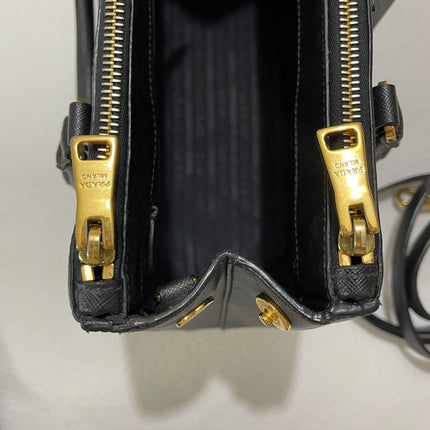 Prada Galleria Saffiano Leather Small Black Handbag with Strap