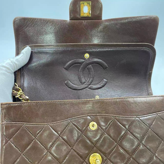 Chanel Classic Flap Rare Vintage Medium Brown Lambskin Leather 24k Gold Hardware 1989-1991