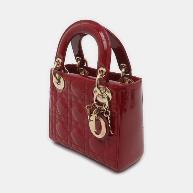 Lady Dior Mini Handbag Burgundy Red Patent Leather Gold-tone Chain Strap