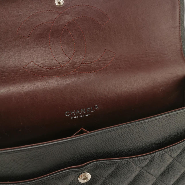 Chanel Classic Flap Maxi Black Caviar Leather Double Flap Sliver Hardware