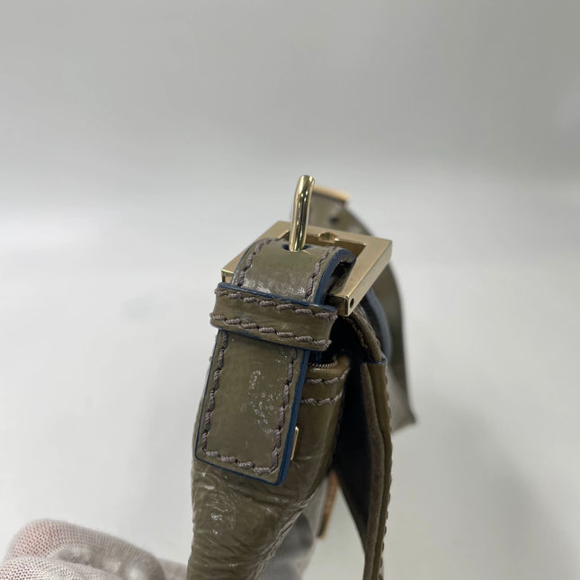 Fendi Baguette Dark Green Crinkled Patent Leather Shoulder Bag