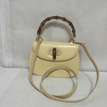 Gucci Bamboo 1947 Vintage Small White Box Leather Top Handle and Leather Strap Bag