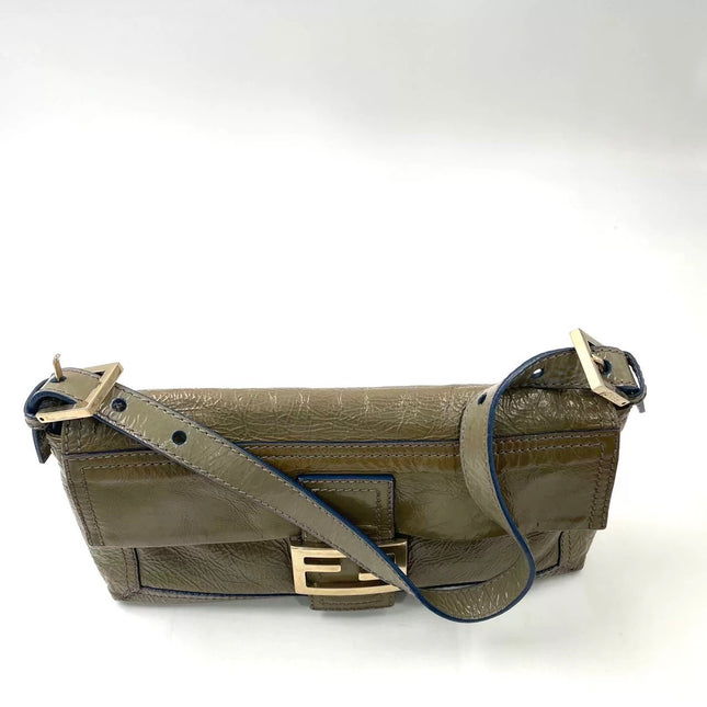 Fendi Baguette Dark Green Crinkled Patent Leather Shoulder Bag