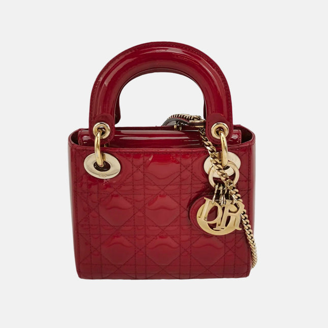 Lady Dior Mini Handbag Red Patent Leather Gold-tone Leather and Chain Strap-Luxbags