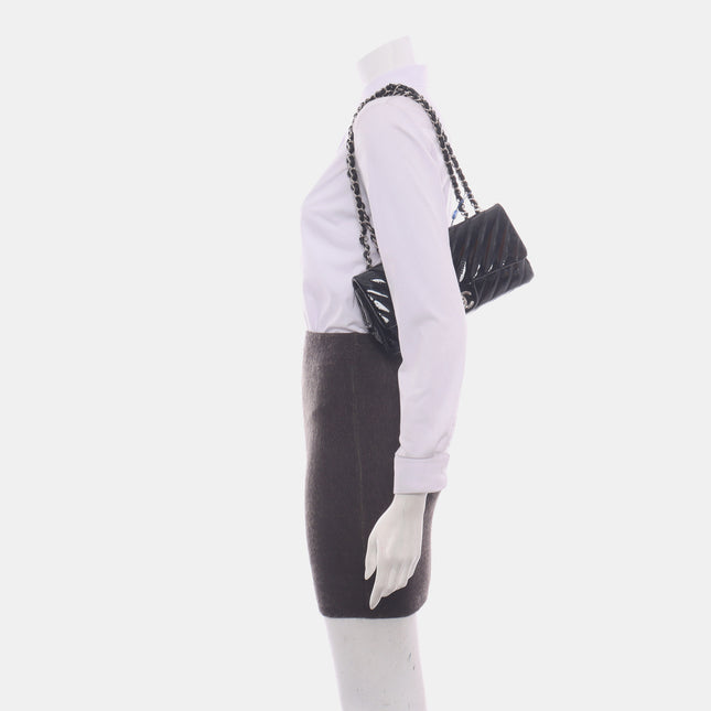 Sold Chanel Baguette Flap Shoulder Bag Chevron Black Patent Leather Silver Double Chain