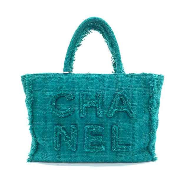 Chanel x Pharrel Williams Tweed Giant Logo Shopping Tote Green Quilted-Luxbags