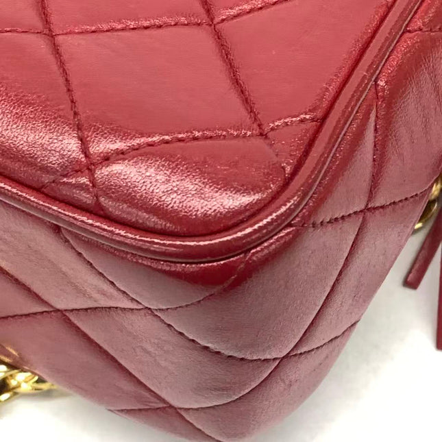 Chanel Vintage Camera Bag Red Lambskin Leather Gold Bajou Chain